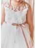 Illusion Neck Ivory Lace Tulle Slit Open Back Flower Girl Dress